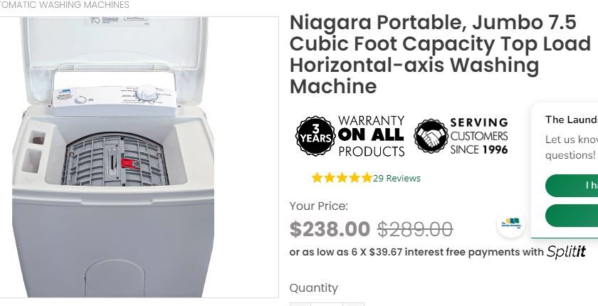 Niagara Portable, Jumbo 7.5 Cubic Foot Capacity Top Load Horizontal-ax